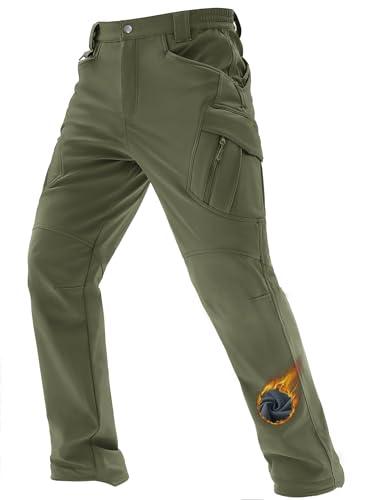 TACVASEN Men's Winter Work Pants Fleece Lined Tactical Snow Ski Pant Waterproof Insulated Cargo Hiking Trousers 9 Pocket Army Green,L