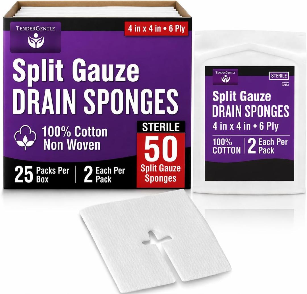 Split Gauze Sponges 4x4 Sterile [Pack of 50] 6 Ply Feeding Tube Pads - Drain Sponges for Catheters, IVs, Tracheostomy, and G Tubes