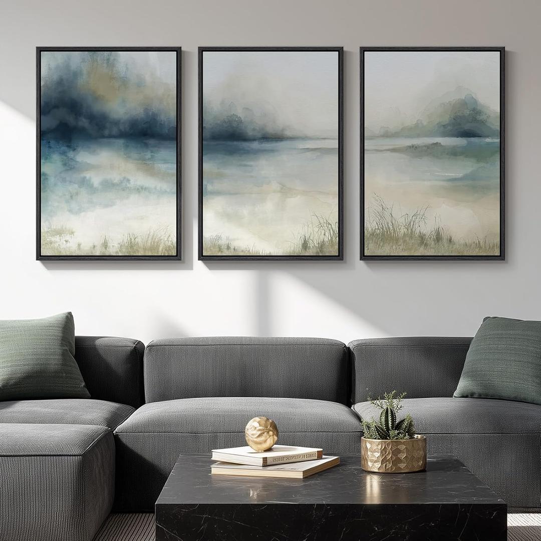 Large Framed Abstract Landscape Wall Art, 3 Piece Blue Watercolor Canvas Prints Paintings Artwork for Walls, Misty Lake Mountain Nature Pictures for Living Room Entryway Bedroom Wall Decor 20x30 In