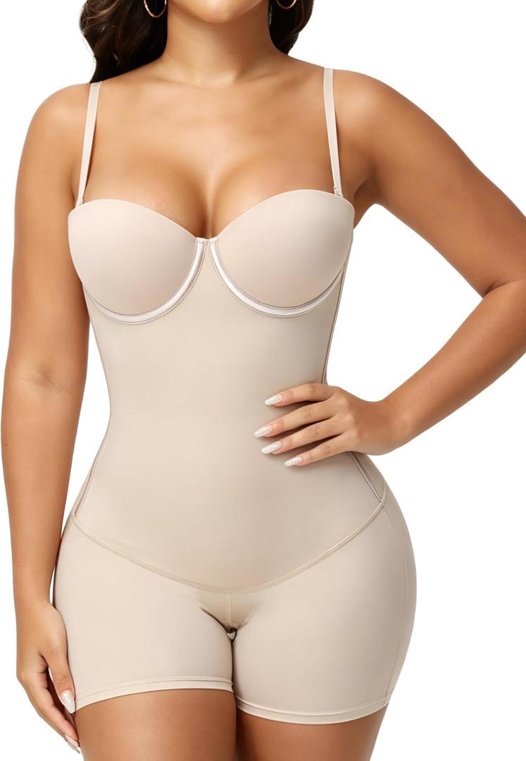 SHAPESHE Strapless Shapewear for Women Lace-up Body Shper Backless Shpewear Bodysuit Butt Lifter (X-Large, Tan)