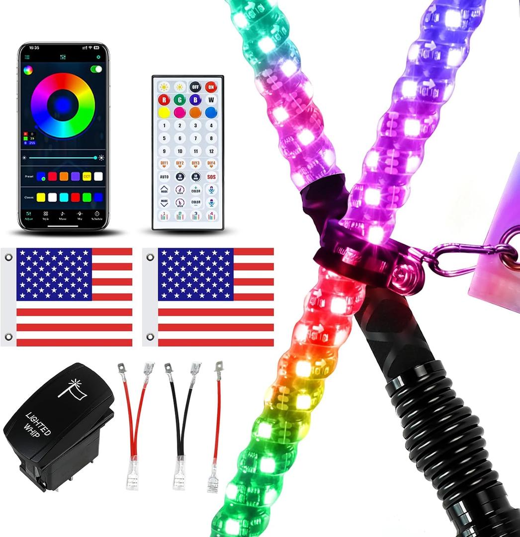 2 Pack 2FT Whip Lights with Spring Base, LED Whip Light with App & Remote Control, Spiral RGB Chasing Lighted Whips with Rocker Switch, Music Whip Light for UTV ATV