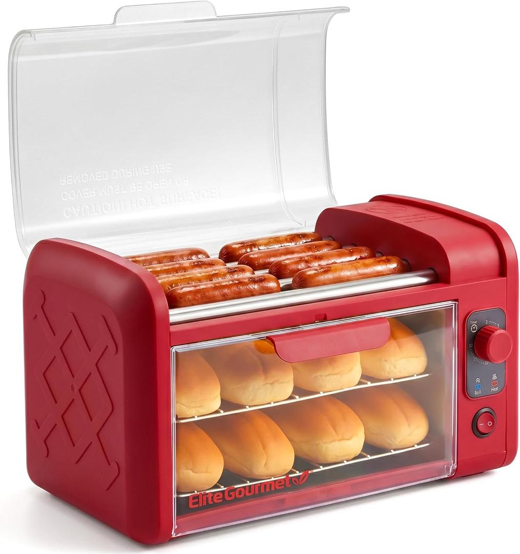 Elite Gourmet 8 Hot Dog Roller & Toaster Oven | 5 Stainless Steel Rollers, 30-Min Timer, Auto Shut-Off, 2 Warming Racks, Bun Warmer, Drip Pan | Cooks Brats, Sausages, Taquitos | Red, 8 Bun Capacity