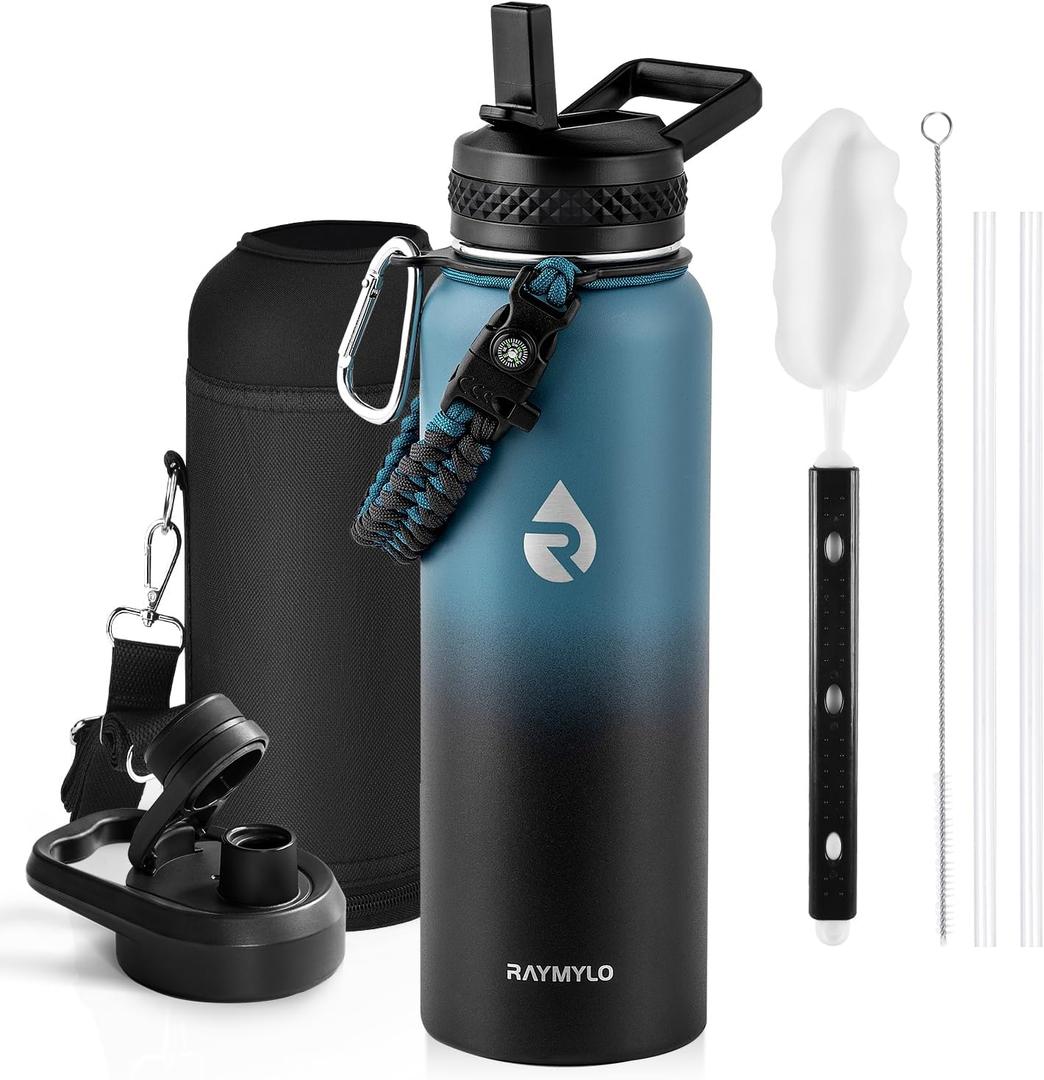 RAYMYLO Insulated Water Bottle 40 oz, Triple Wall Vacuum Stainless Steel (Cold for 36Hrs, Hot for 18Hrs), Leak Proof & Non-BPA, Modern Water Flask Jug with Paracord Handle & Straw Spout Lids (Indigo/Black)