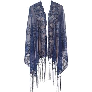 L'VOW Women's Glittering 1920s Scarf Mesh Sequin Wedding Cape Fringed Evening Shawl Wrap