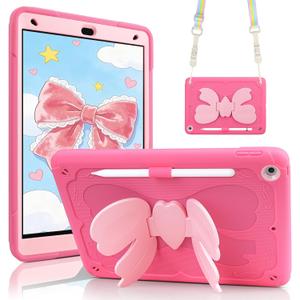 WESADN for iPad 9th Generation Case 8th 7th Gen 10.2 inch Case 2021 Girls Kids with Cute Bow Butterfly Wings Kickstand Shoulder Strap Pencil Holder Rugged Cases Cover for iPad 10.2 Cases, Rose Pink