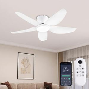 Ceiling Fans with Lights, 43 Inch Low Profile Ceiling Fan with Light and Remote/App Control, Flush Mount, Reversible DC Motor, 3CCT, Dimmable, Noiseless, White Ceiling Fan for Indoor/Outdoor Use