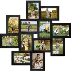 J.M.Deco 12 Opening Collage Picture Frames for Wall Decor, 4 x 6 Photo Frames with Metal hooks, One-Piece Photo Collage Frame, Black