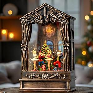 Christmas Snow Globe Lantern Water Glittering Nutcracker Ballet Theatre with Music & Timer, USB Lined/ Battery Operated Lighted Lantern for Christmas Festival Decoration Gifts