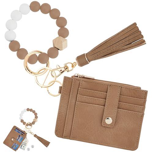 KNGITRYI Wallet Keychain Wristlet for Women,Slim RFID Credit Card Holder Purse Tassel Keychain Bangle Key Ring for Men Women(Camel)