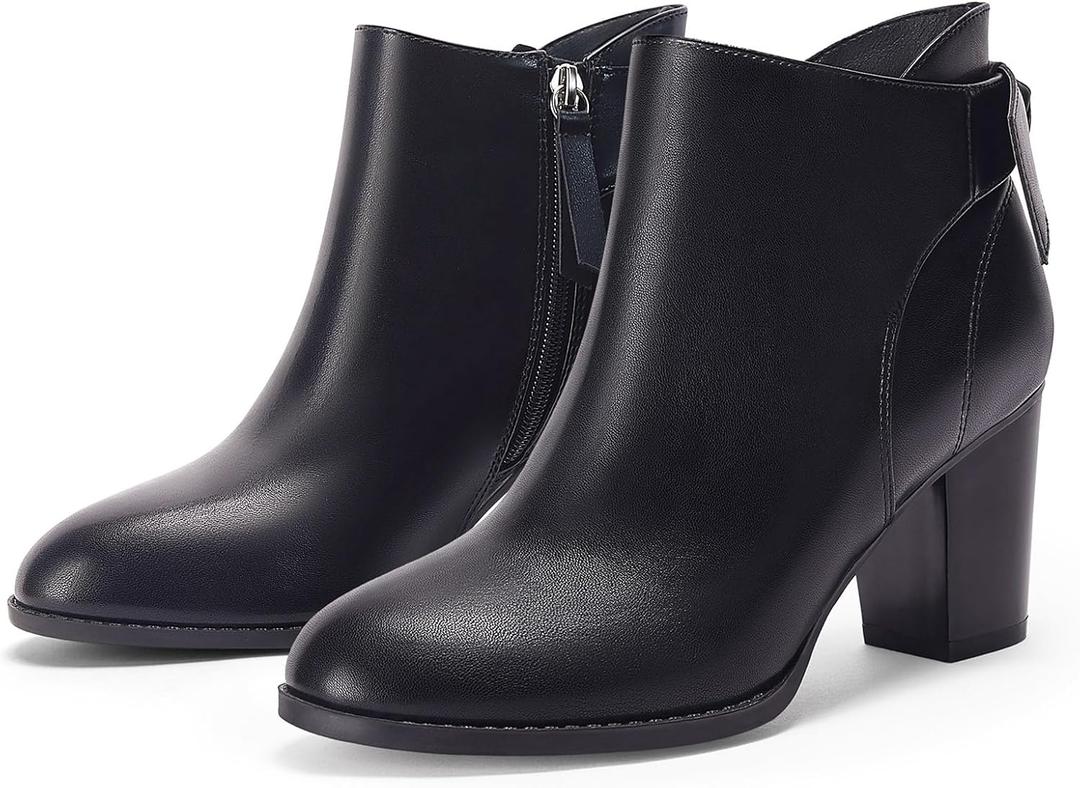 Coutgo Women's Fall Ankle Boots Shoes Chunky Block Stacked Heel Bow Tie Pointed Toe Dress Booties Side Zipper (10, Pu Black)