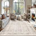 8x10 Beige Washable Area Rug Vintage Rug for Living Room Bedroom Low Pile Soft Non-Slip Boho Neutral Floral Rug for Under Table Distressed Retro Carpet for Bedroom Office Dining Room