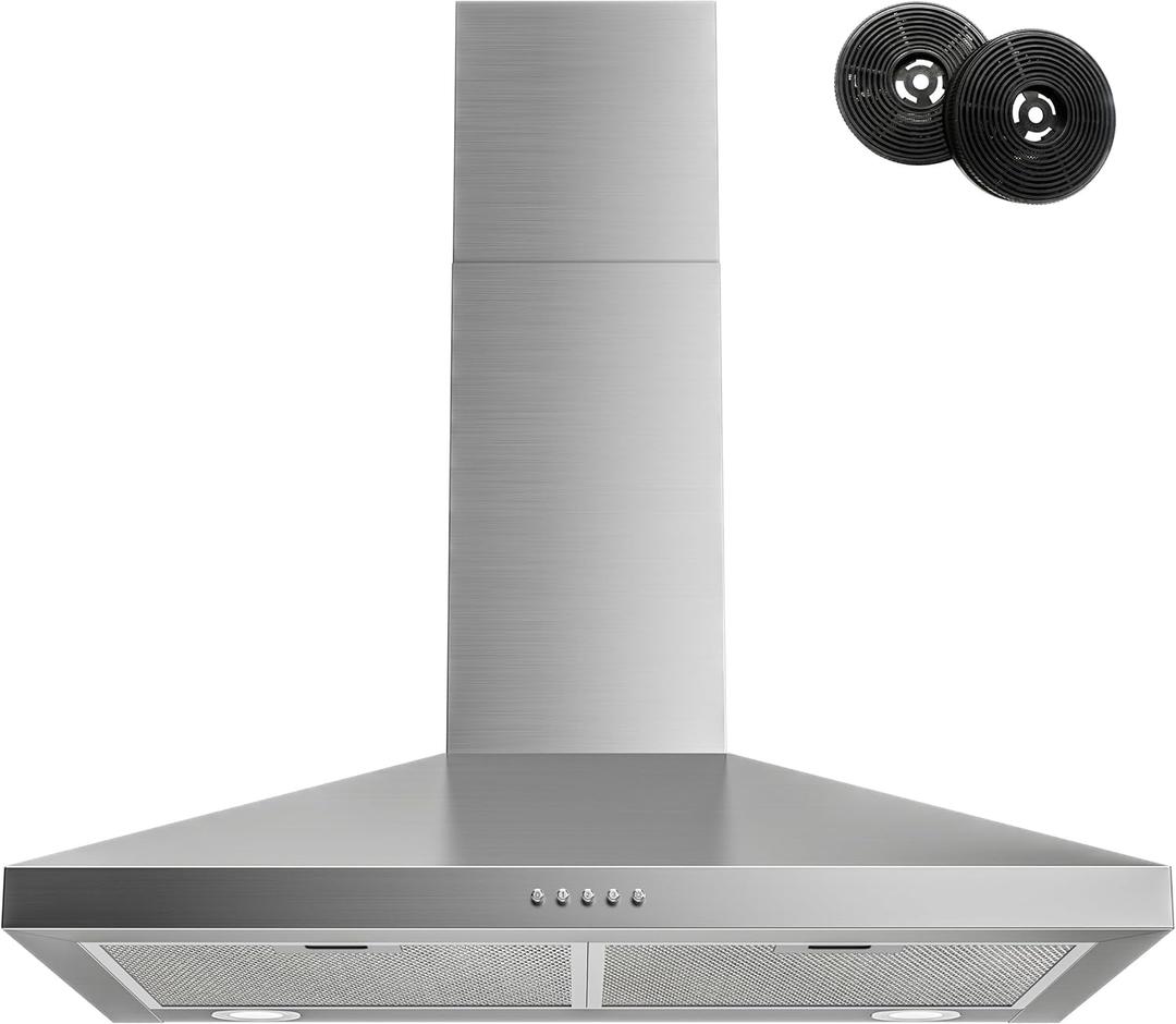 FIREGAS Range Hood 30 Inch, Stainless Steel Wall Mount Kitchen Hood 450 CFM with 3 Speed Exhaust Fan, Ducted/Ductless Convertible, Stove Vent Hood for Kitchen with Aluminium Mesh and Charcoal Filters (Silver)