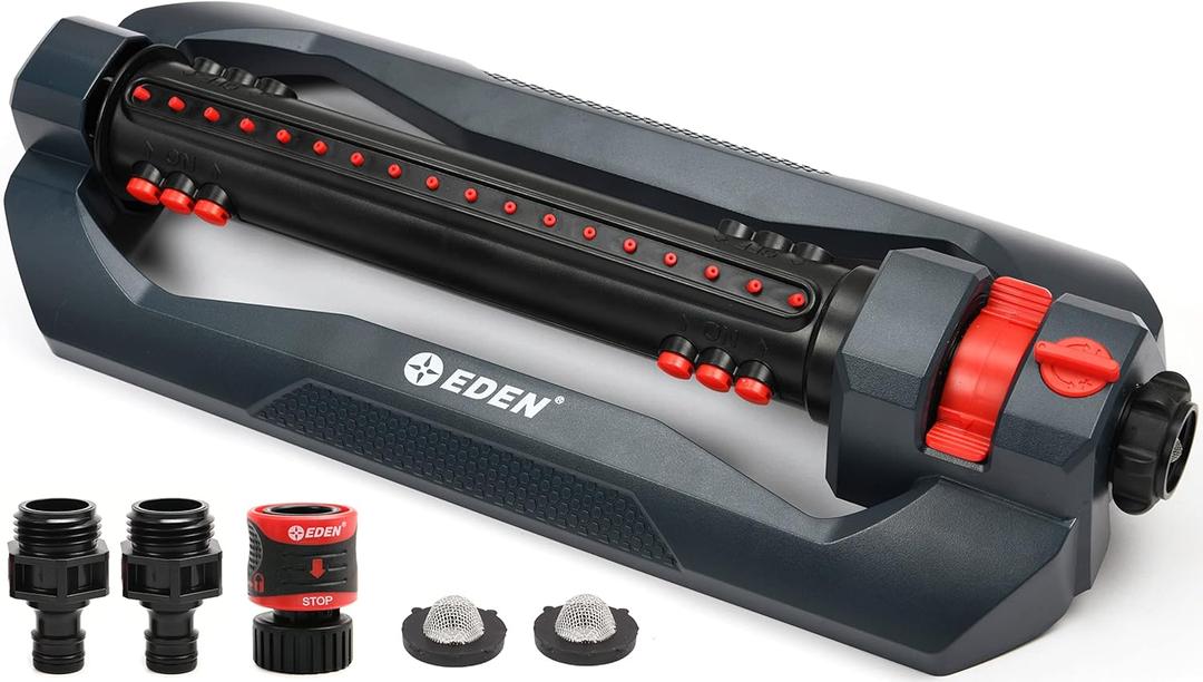 Eden 96212 Turbo Oscillating Sprinkler, Covers Up to 4,499 sq. ft., 18 Precision Nozzles, Weighted Base, Flow and Width Controls, Adjustable Range, Triple Nozzle Switches, Quick Connects, Filters