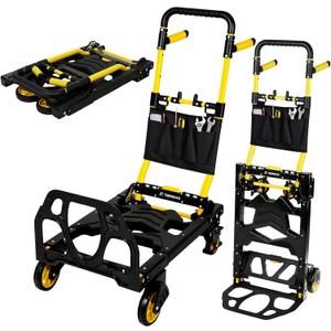 Folding Hand Truck Dolly, 330 lbs Heavy Duty Convertible 2-in-1 Dolly Cart with 3-Level Adjustable Handle, 360° Swivel Handle & Tool Bag for Moving, Shopping, Warehouse & Garage