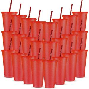 Amyhill 24 Pcs Reusable Cups with Lids and Straws 24 oz Glitter Iced Coffee Tumbler Plastic Travel Mug Cup for Smoothie Juices Birthday Sleepover Party Supplies for Girls(Red)