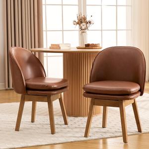 LukeAlon Modern Swivel Dining Chairs Set of 2, Mid-Century 19 Inch Dining Chairs with Backrests and Beech Wood Legs, PU Leather Upholstered Side Chairs for Kitchen Dining Table, Cafe, Brown