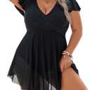 Blooming Jelly Women's Plus Size Bathing Suit One Piece Swim Dress Tummy Control Swimsuits Ruffle V Neck Swimwear (5X-Large, Black)