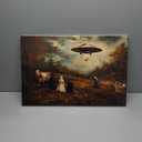 Retro UFO Canvas Wall Art Whimsical Alien Abduction Wall Decor Pictures Victorian Landscape Funny Altered Poster Prints Eclectic Trippy Spaceship Artwork for Living Room Bedroom Decoration 12x16in