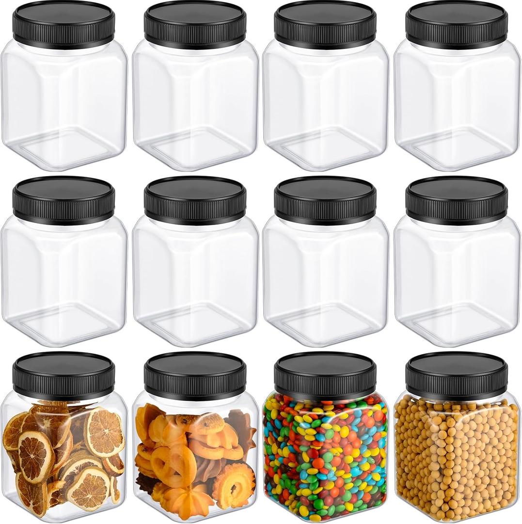 Nosiny 12 Pcs 24 oz Plastic Jars with Lids Airtight Food Containers Large Plastic Jars with Screw on Lids Refillable Kitchen Storage Containers for Dry Food, Coffee, Candy for Kitchen (Black)