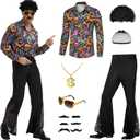 6 Pcs 70s Disco Outfit Costume for Men Dance Bell Bottom Pants Retro Shirts Moustache Sunglasses Wigs Necklace (Small, Colourful)