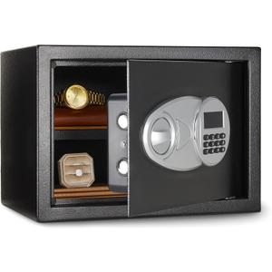 Amazon Basics Steel Security Safe and Lock Box with Electronic Keypad, Secure Documents Storage, Black, 0.5 Cubic Feet, 13.8"W x 9.8"D x 9.8"H, Removable Shelf