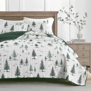 HORIMOTE HOME Green Quilt Set King Size 3 Pieces, Reversible Fine Printed Bedspreads with Forest Tree Pattern, Soft and Lightweight Bed Coverlet Bedding Sets for All Season
