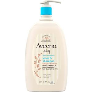 Aveeno Baby Daily Moisture Body Wash & Shampoo with Oat Extract, Hypoallergenic, TearFree, No Added Parabens, pHBalanced Formula For Sensitive Hair & Skin, Baby Essentials, 33 fl oz