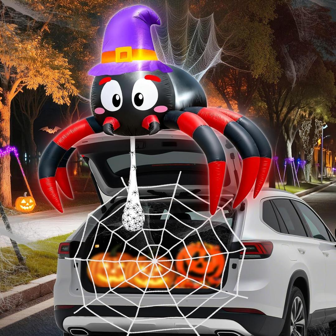 3 FT Halloween Inflatables Spider Trunk Or Treat Car Decorations Kit Built-in LEDs Blow Up Spider with Hat and Spider Web for Car SUV Truck Parade Halloween Decorations Outdoor Yard Decor