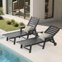 Carauci Lounge Chair Outdoor, HDPE Chaise Lounge with Wheels, 5-Position Adjustable Backrest & 2 Cup Holders Patio Lounge Chair, All-Weather Pool Sun Lounger for Poolside, Backyard, Black, 1 PC