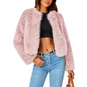 PRETTYGARDEN Women's 2026 Winter Coats Fleece Cropped Jacket Faux Fur Long Sleeve Pockets Shaggy Warm Outerwear Fall Clothes (XX-Large, Pink)