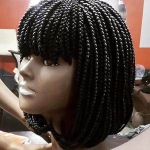 Knotless Braided Wigs for Black Women Heat Resistant Fiber Soft Synthetic Short Bob Box Braided Wig with Bangs African American Braided Wigs (10 inches, Jet Black)