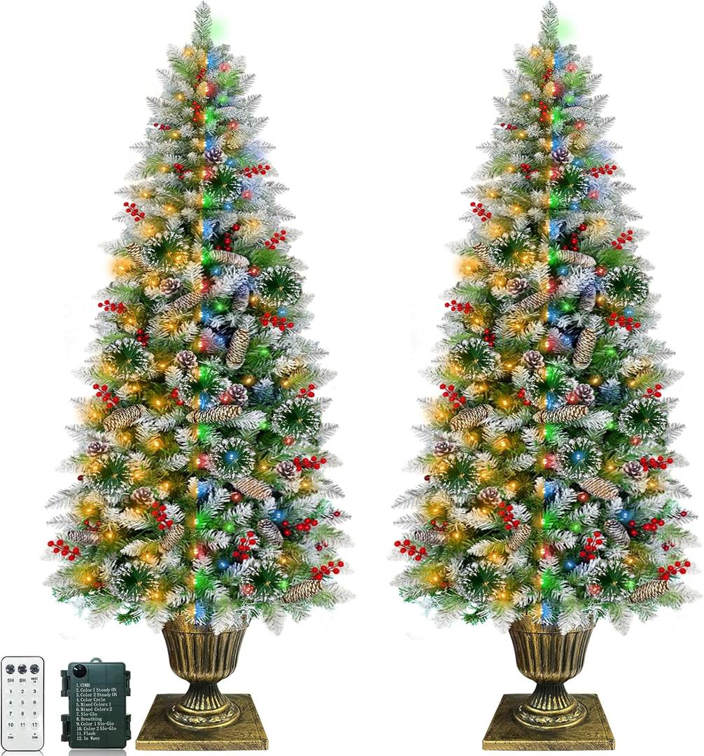 2 Pack 4FT Snowy Artificial Potted Christmas Entrance Tree -3 Mode Timer 80 Warm White&Multi Color Change Light 12 Mode Remote 15 Pinecone 105 Red Berries Battery Powered Fraser-Look Fir Outdoor Porch