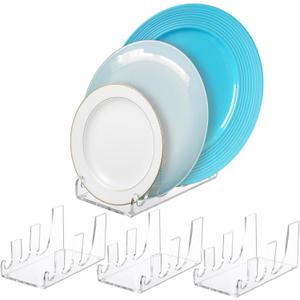 4 Pcs 3 Tier Plate Dinnerware Display Stand Acrylic Clear Plate Stand China Platters Holder Setting Racks for Kitchenware Display Cabinet Organizer