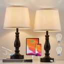 Lamps for Bedroom Set of 2,Touch Bedside Table Lamp with USB C+A Ports, Dimmable Nightstand Lamps with Round Fabric Linen Lampshade for Living Room Reading Bed Side End Table,Bulbs Included