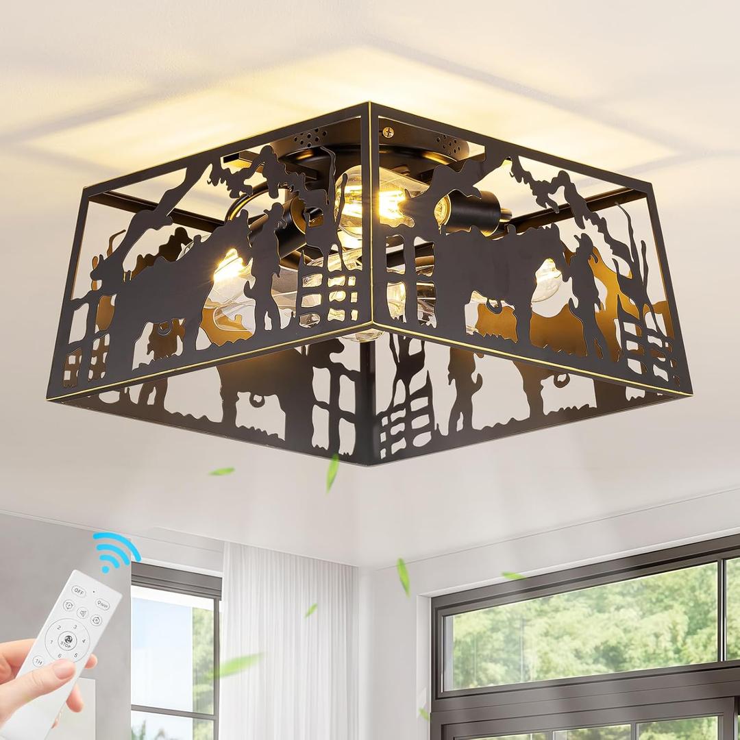 Rustic Caged Ceiling Fans with Lights and Remote, Vintage Horse & Western Cowboy Design, Black Low Profile Flush Mount Fandelier or Chandelier for Cabin, Man Cave, Bar, Farmhouse Bedroom, Dining Room