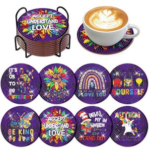 2 x 8 Pcs Autism Awareness Diamond Art Coaster with Holder DIY Autism Awareness Diamond Art Coaster for Adults Diamond Kits Supplies for Christmas