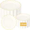 LIYH 120 Pcs Ivory Scalloped Plastic Plates Disposable - Ivory and Gold Plastic Plates - Gold Fancy Disposable Party Dinner & Dessert Plate for Wedding Birthday Valentines Day