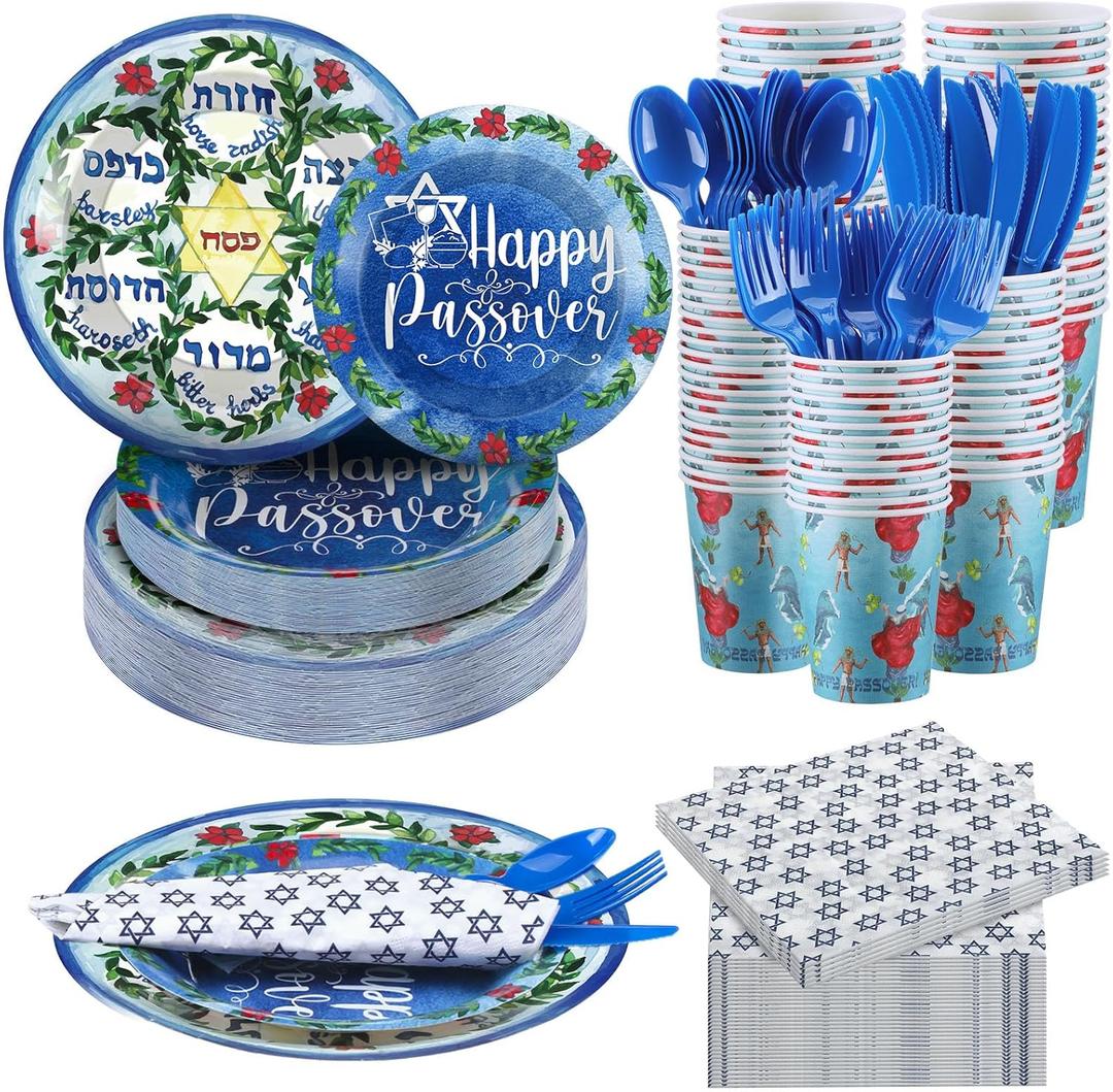 FillTouch 168 Pcs Passover Party Goods Supplies for 24 Guests, Include Paper Plates Cups Napkins Plastic Knives Forks Spoons Seder Tableware Set for Passover Family Party(Classic)