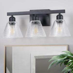 3-Light Bathroom Vanity Light, Black Modern Bathroom Lighting Fixtures with Clear Glass Shade, Farmhouse Wall Sconces for Mirror Kitchen Bedroom Living Room