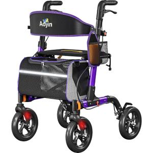 Aojin Walkers for Seniors, Rollator Walker with Seat, 350 lb Weight Capacity, 18" Big Seat, 8" All-Terrain Wheels, 6-Level Adjustable Height, Lightweight Aluminum Frame Rollator Walkers for Seniors (Purple)