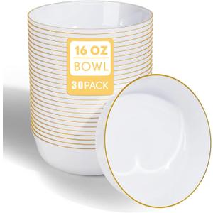 30 Pack 16oz White Plastic Bowls, 6.3in Disposable Soup Bowls with Gold Rim Heavy Duty Salad Bowls for Party, Wedding