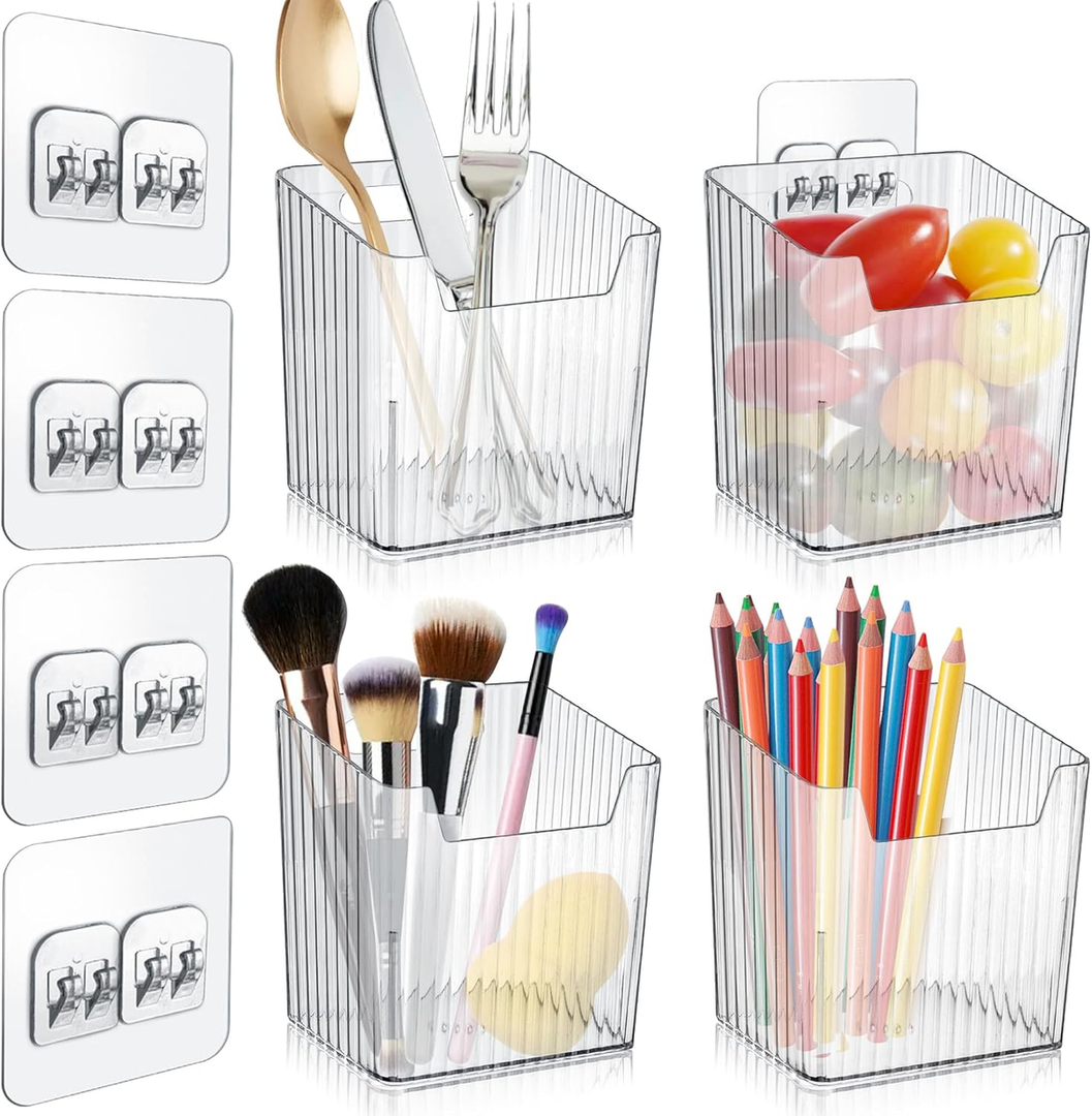 Losape Wall Mount Organizer, 6 Hooks and 4 Pack Cabinet Door Storage Bins, Space-Saving Adhesive Bathroom Wall Organizer, Wall Storage for Office, Cabinet, Pantry, Kitchen, Makeup