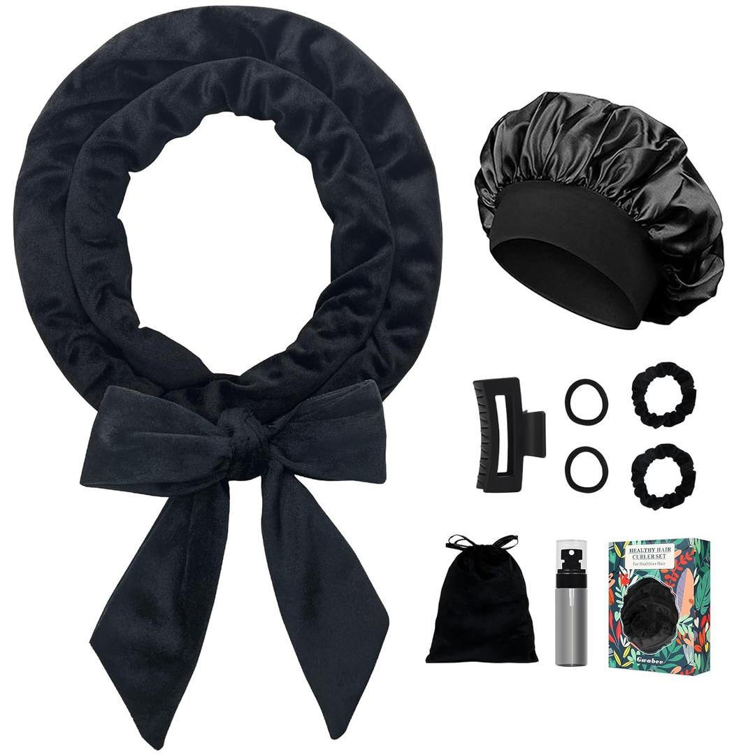 No Heat Hair Curlers Overnight Curls Headband - 70" Soft Ribbon Curl Wrap for Long Hair, 9 PCS Curling Rod Set with Bonnet - Black