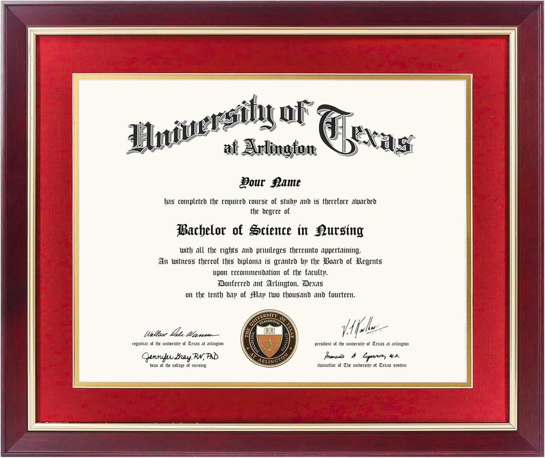 GMFrames 11x14 Wood Diploma Frame with Red Mat or Display 14x17 Certificates without Mat, Tempered Glass, Cherry Finish with Gold Trim