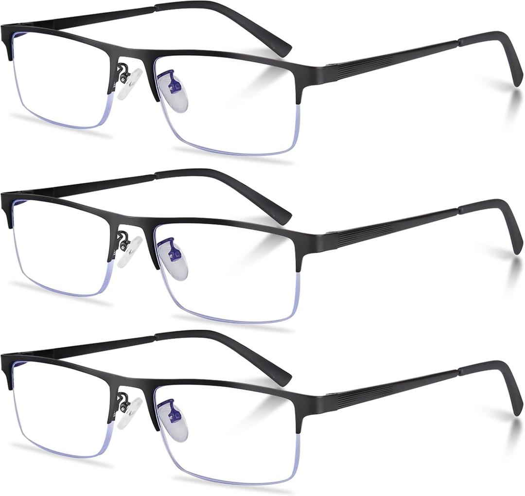 3-Pack Reading Glasses for Men, Lightweight Metal Half Frame Blue Light Blocking Computer Readers, Filter UV Ray/Computer Glare with Spring Hinge Eyeglasses(3PCS Black,+2.25)