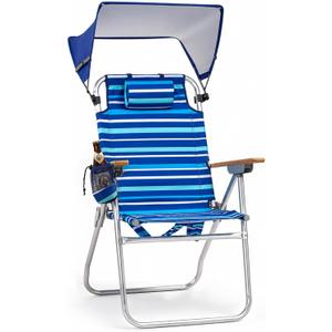 17" Tall Beach Chair with Canopy Shade,Support to 350LBS, Blue Striped | Adjustable High-Back Heavy Duty Beach Chair with Sun Shade Folding Backpack Beach Chair with Cup Holder and Storage Bag