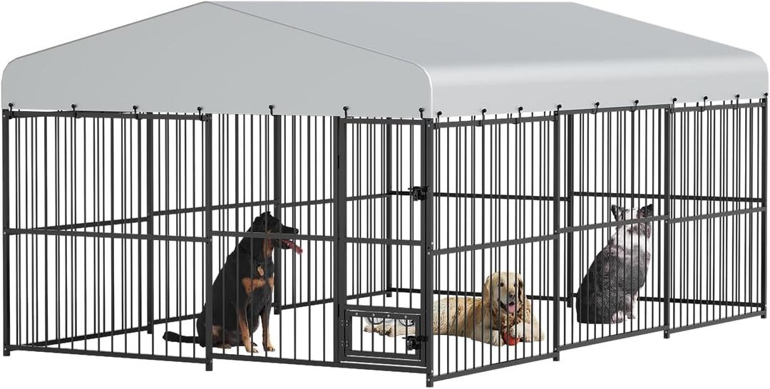 Outdoor Dog Kennel, Large Dog Enclosures with Waterproof Cover, Feeding Doors, Large Dog Kennel Outdoor for Garden Backyard10157FT