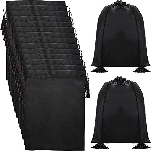 Youeon 16 Pcs Silk Satin Wig Bags 12"x16", Satin Black Gift & Travel Bag with Drawstring Tassel, Hair Bags for Packaging Wig, Bundles, Hair Extensions, Storage Sacks for Home, Salon, Travel