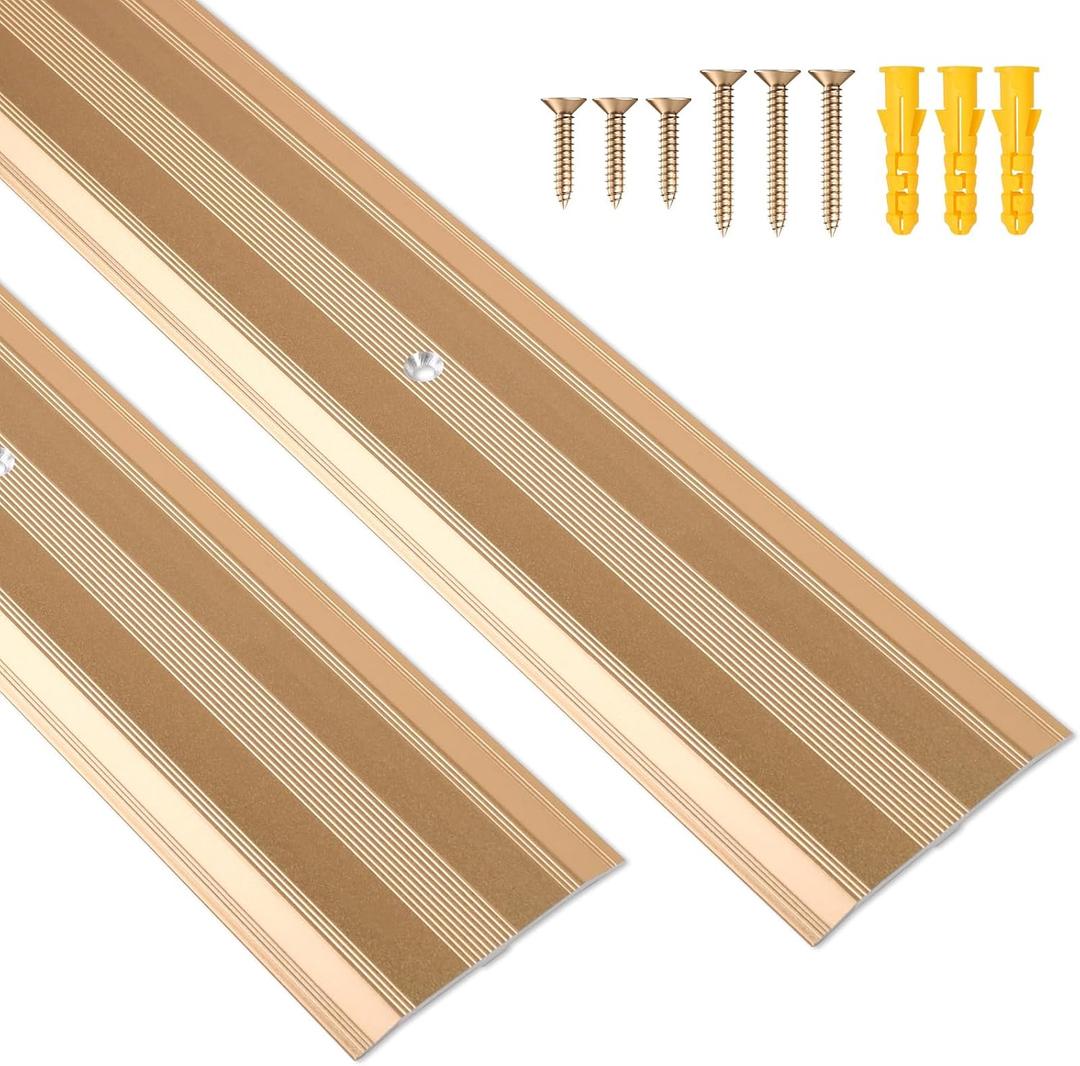 2 Pack Aluminum Floor Transition Strip, 0.1"H Flat Metal Door Threshold for Vinyl Wood Tile Carpet Concrete Flooring Gaps, Doorway Protector and Decor, Size 36"L x 2.4"W (Gold)