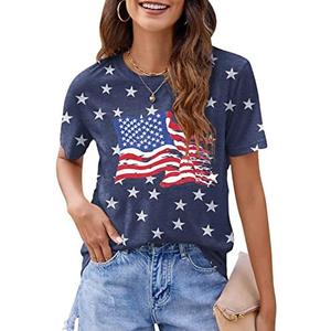 Women Distressed American Flag Graphic Shirt USA Stars Stripes Patriotic Short Sleeve Top, L